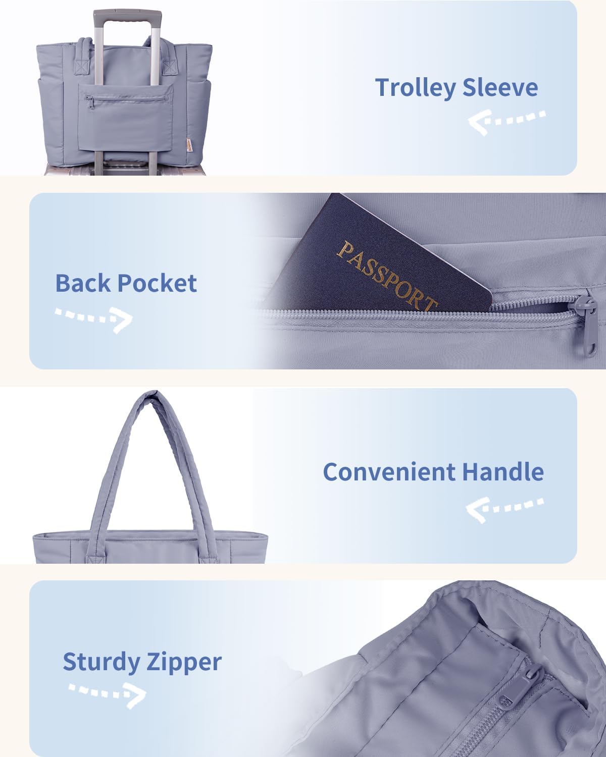 Vadderad puffer-tote med mugghållare och laptopfack för resor och arbete.