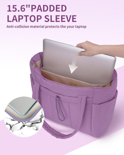 Vadderad puffer-tote med mugghållare och laptopfack för resor och arbete.