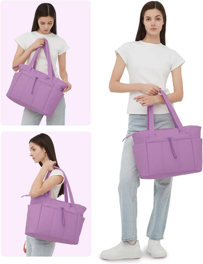 Vadderad puffer-tote med mugghållare och laptopfack för resor och arbete.