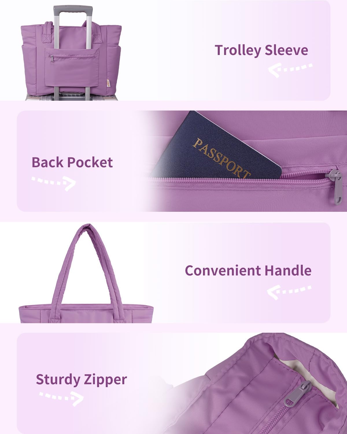 Vadderad puffer-tote med mugghållare och laptopfack för resor och arbete.