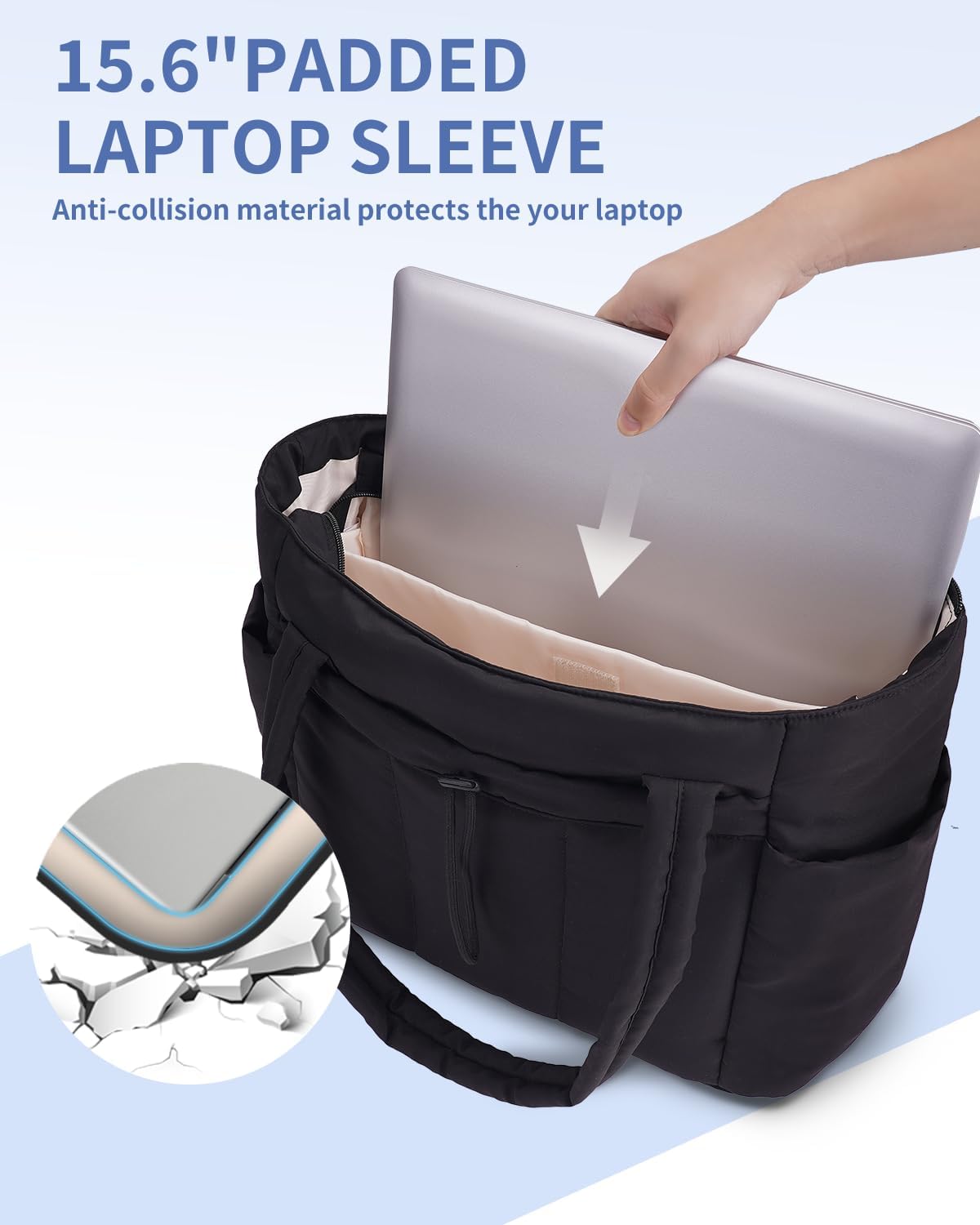 Vadderad puffer-tote med mugghållare och laptopfack för resor och arbete.