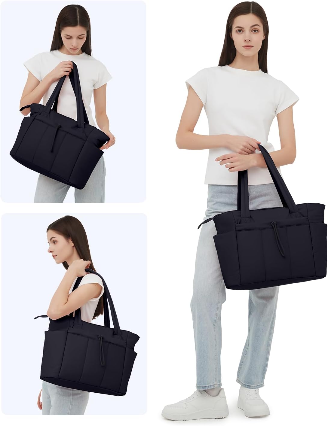 Vadderad puffer-tote med mugghållare och laptopfack för resor och arbete.