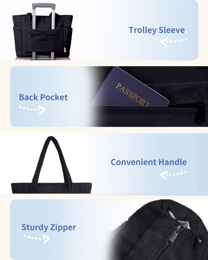 Vadderad puffer-tote med mugghållare och laptopfack för resor och arbete.