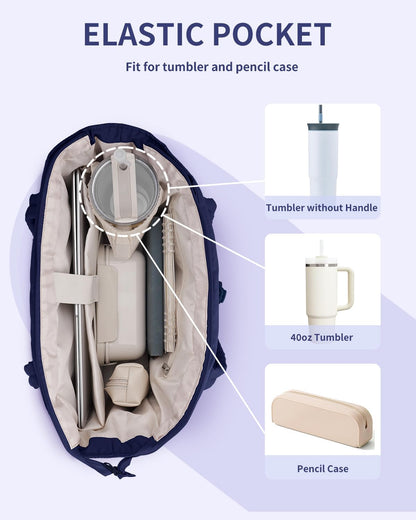 Vadderad puffer-tote med mugghållare och laptopfack för resor och arbete.