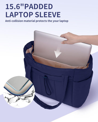 Vadderad puffer-tote med mugghållare och laptopfack för resor och arbete.