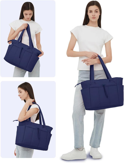 Vadderad puffer-tote med mugghållare och laptopfack för resor och arbete.