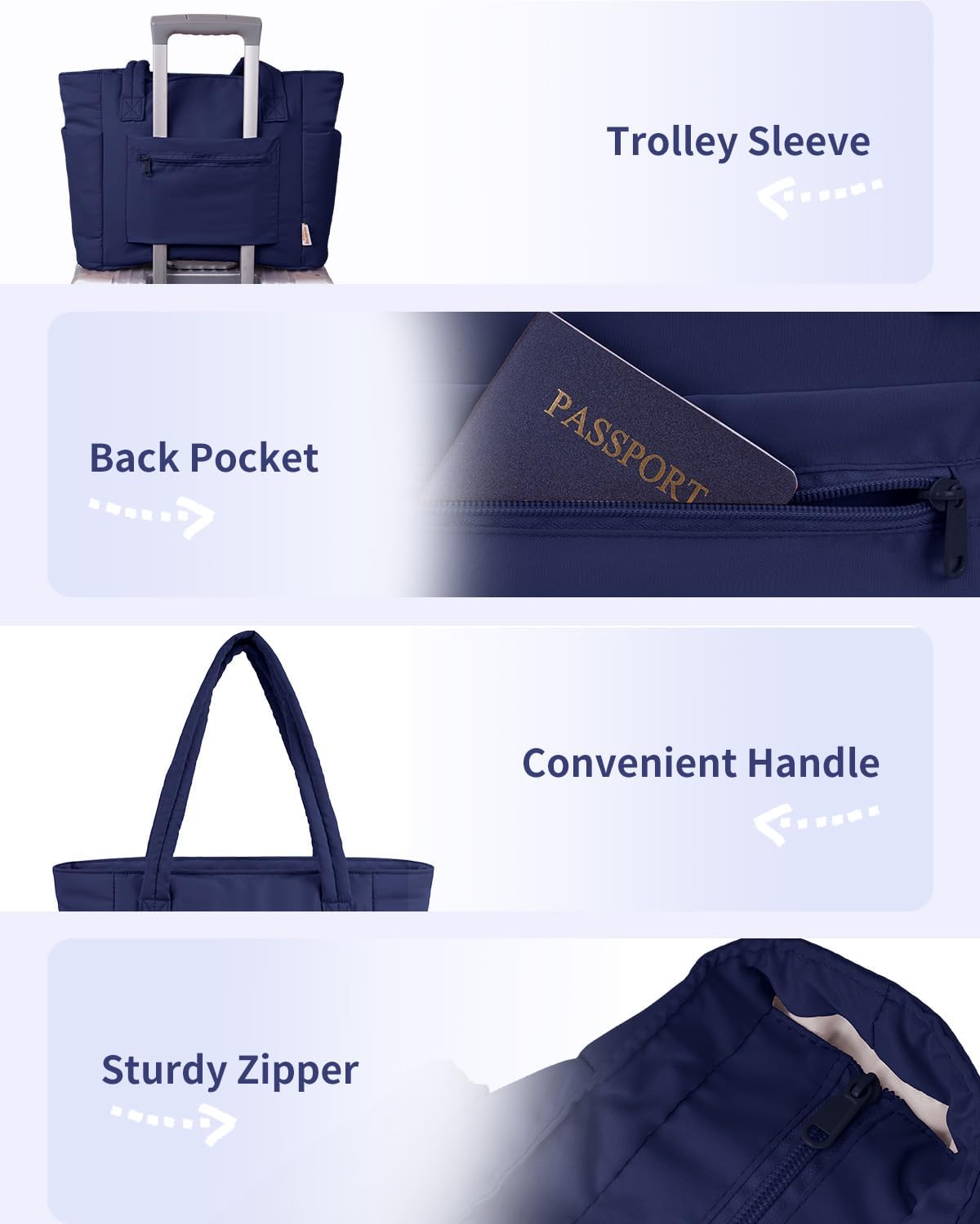 Vadderad puffer-tote med mugghållare och laptopfack för resor och arbete.