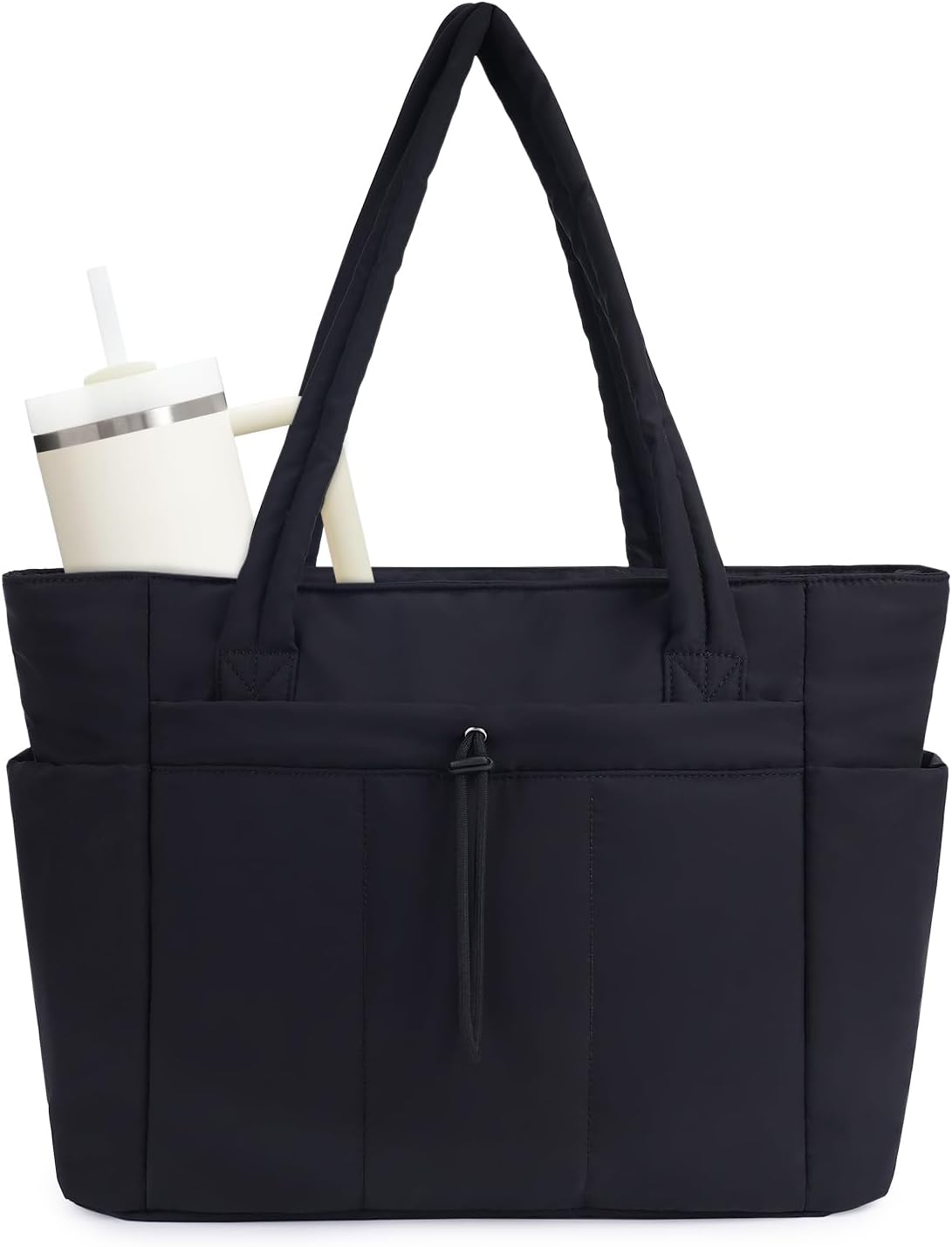 Vadderad puffer-tote med mugghållare och laptopfack för resor och arbete.