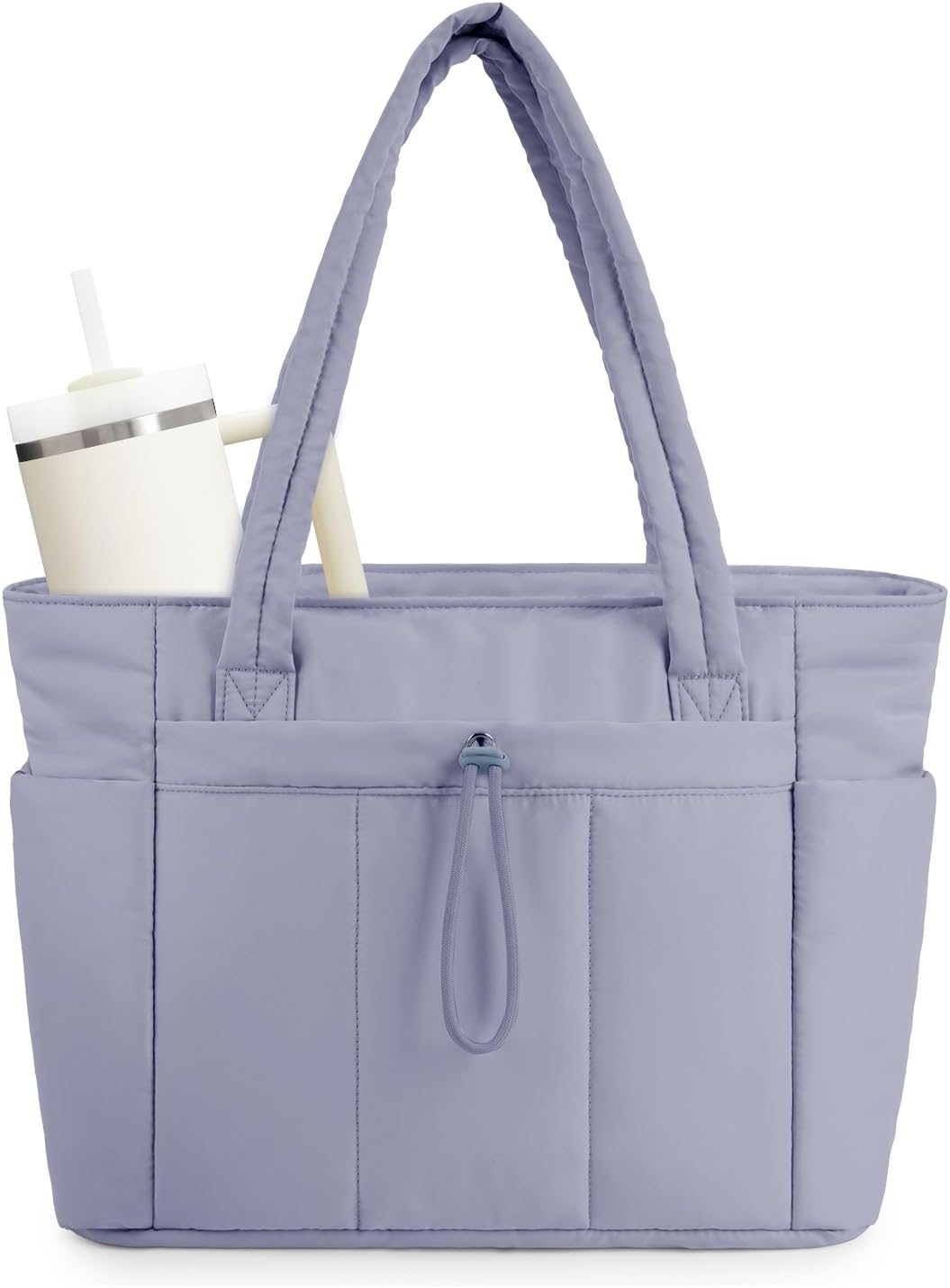 Vadderad puffer-tote med mugghållare och laptopfack för resor och arbete.