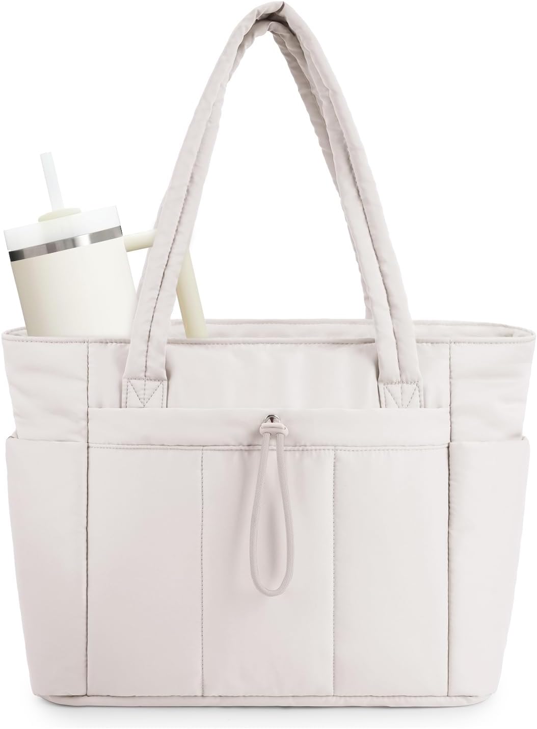Vadderad puffer-tote med mugghållare och laptopfack för resor och arbete.