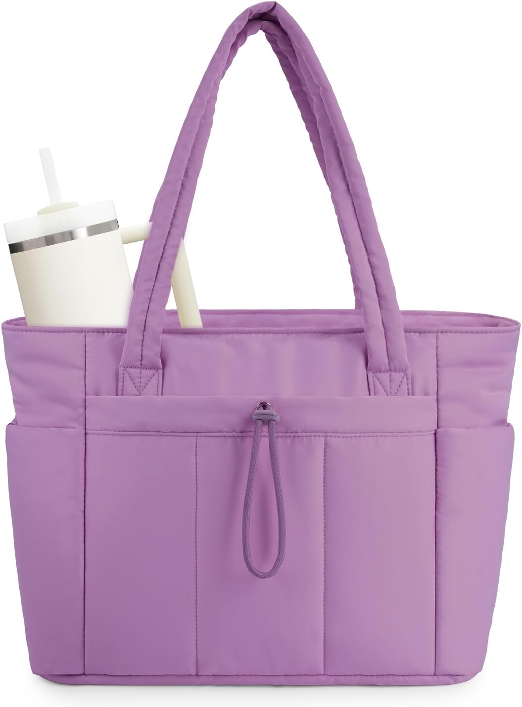 Vadderad puffer-tote med mugghållare och laptopfack för resor och arbete.