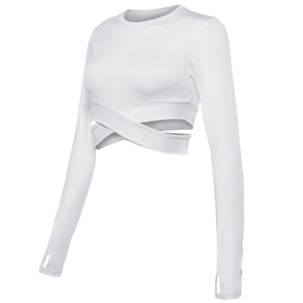 Weißes Damen-Crop-Top mit langen Ärmeln, modisches Design, eleganter Look.