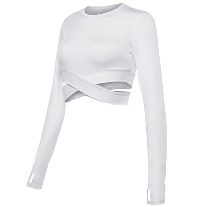 Weißes Damen-Crop-Top mit langen Ärmeln, modisches Design, eleganter Look.
