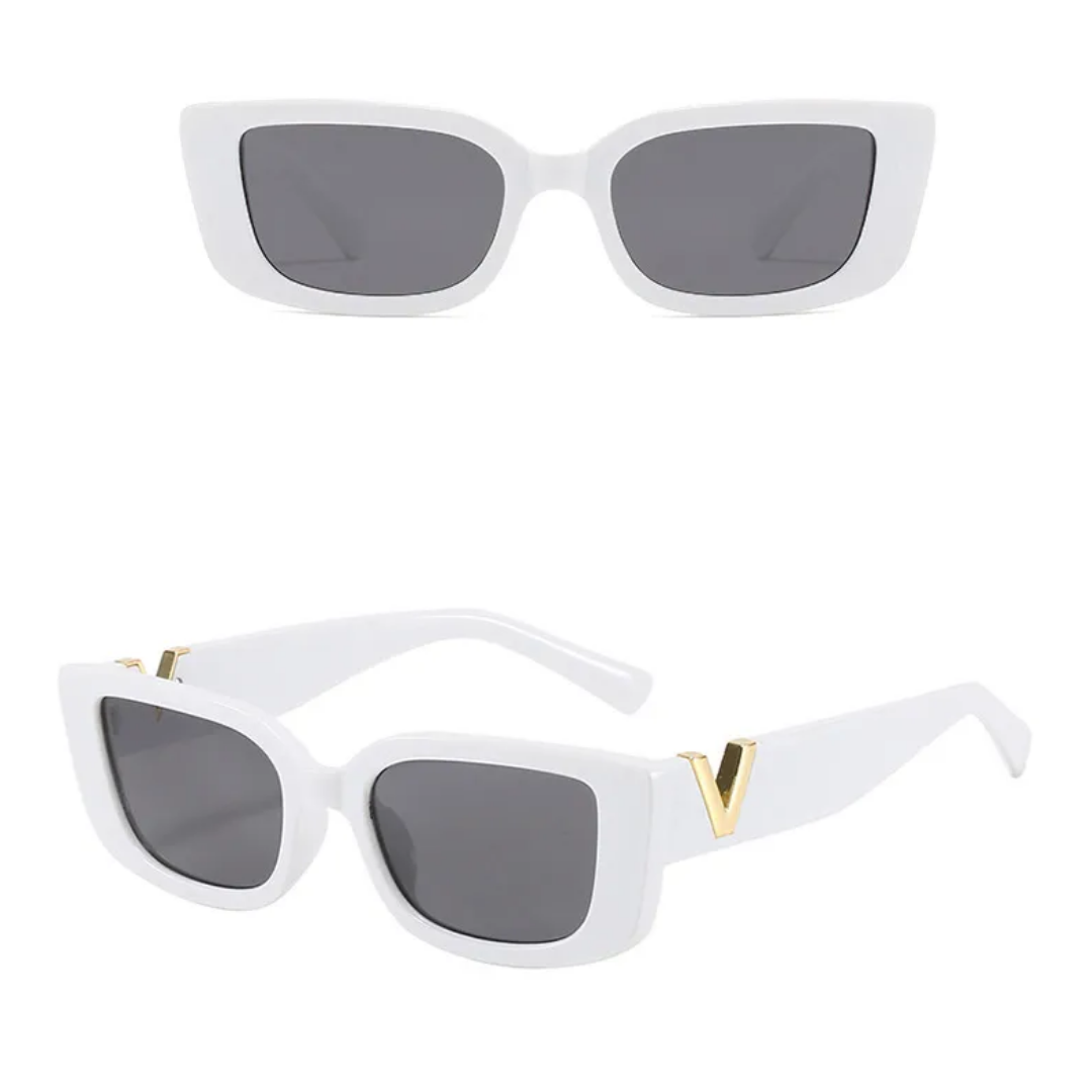 Weiße Sonnenbrille, rechteckig, mit goldenen Details, UV-Schutz, modisch, unisex.
