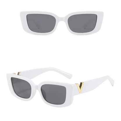 Weiße Sonnenbrille, rechteckig, mit goldenen Details, UV-Schutz, modisch, unisex.