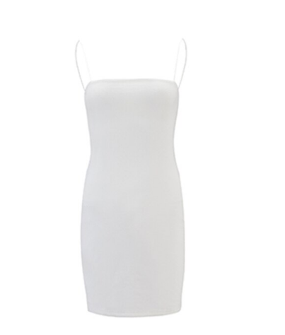 Weißes ärmelloses Kleid, Spaghettiträger, knielang, Damenmode, Sommerkleid, elegant.