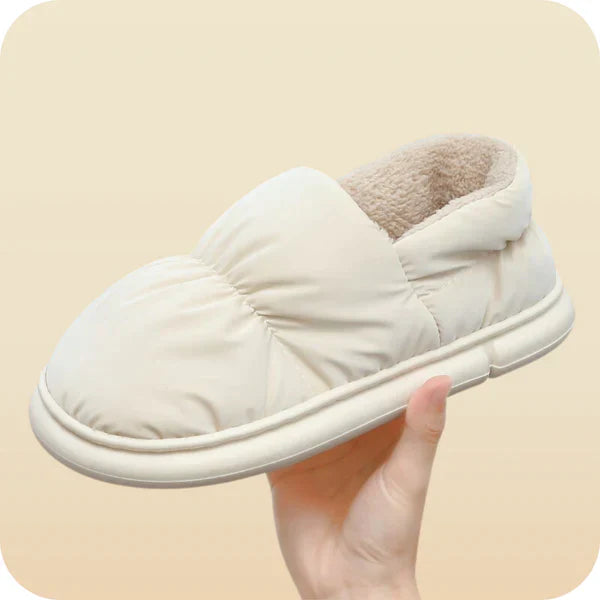 Beige Hausschuhe, Plüschfutter, rutschfeste Sohle, gemütlich, warm, Unisex, Wintermode.