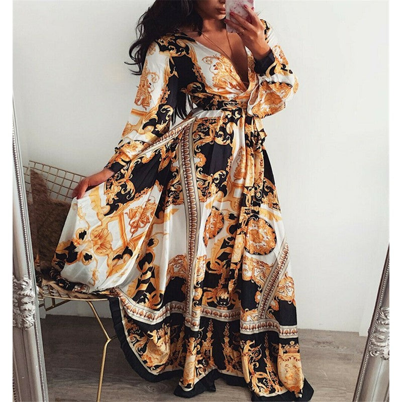 Damen-Wickelkleid mit V-Ausschnitt, Sommerkleid, schwarz-goldenes Barockmuster, elegant.
