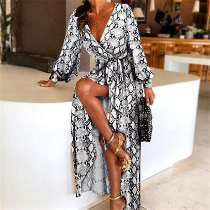 Damen-Wickelkleid mit Schlangenmuster, V-Ausschnitt, Sommermode, elegant, langärmelig.