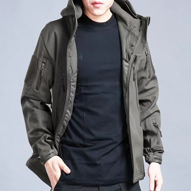 Taktische Jacke Herren, olivgrün, wasserabweisend, Outdoor, Herbst Winter, mit Kapuze.