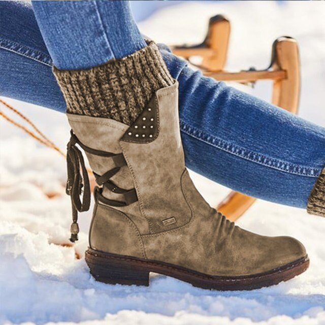 Damen Winterstiefel, beige, PU-Leder, mittelhoch, modisch, warm, Schneestiefel.