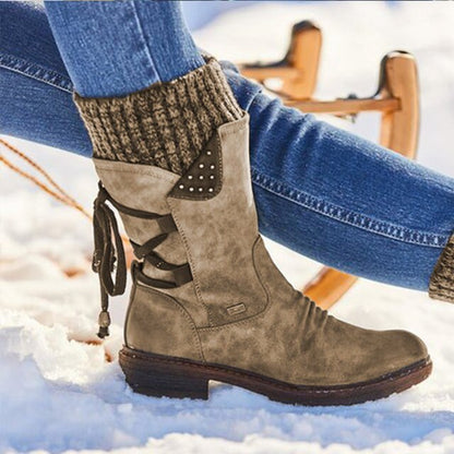 Damen Winterstiefel, beige, PU-Leder, mittelhoch, modisch, warm, Schneestiefel.