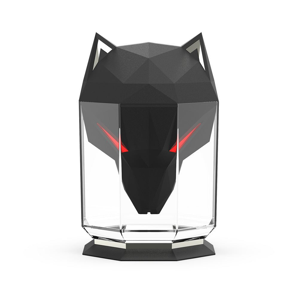 Schwarzer Wolf Luftbefeuchter, geometrisches Design, LED-Leuchten, modernes Raumklima-Gerät.