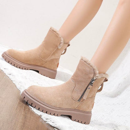 Beige Damen-Winterstiefel, warm gefüttert, rutschfeste Sohle, Reißverschluss, bequem.