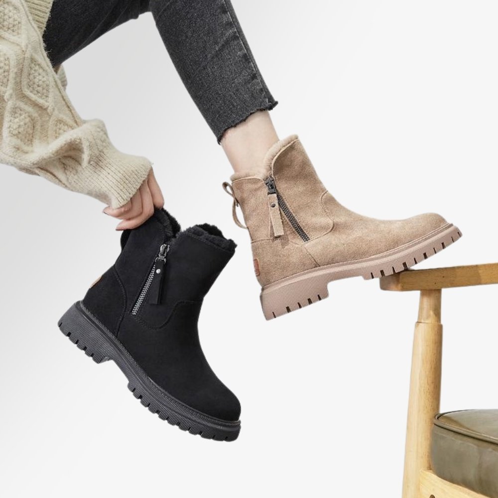 Damen Winterstiefel, schwarz und beige, warm, bequem, Reißverschluss, rutschfeste Sohle.