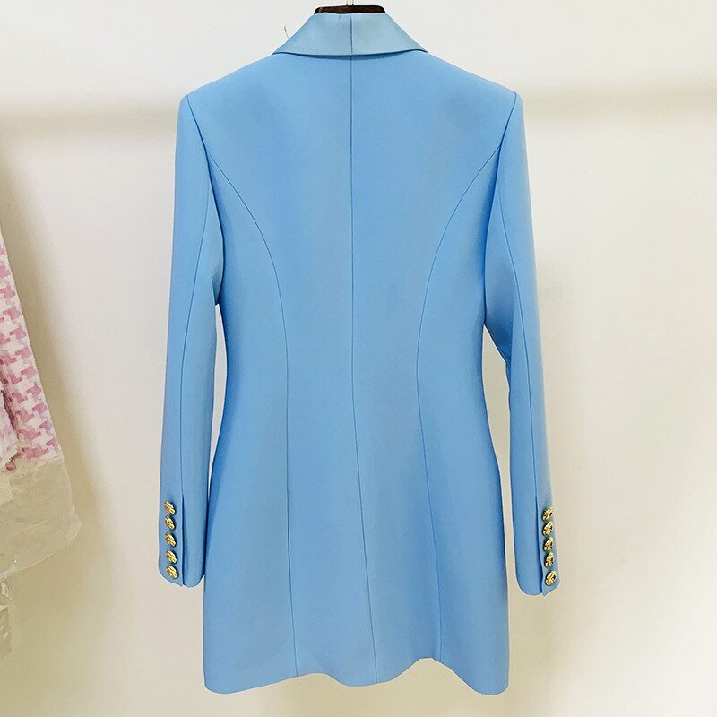 Himmelblaue zweireihige Damenjacke mit Knöpfen, elegantes Design, modische Oberbekleidung.