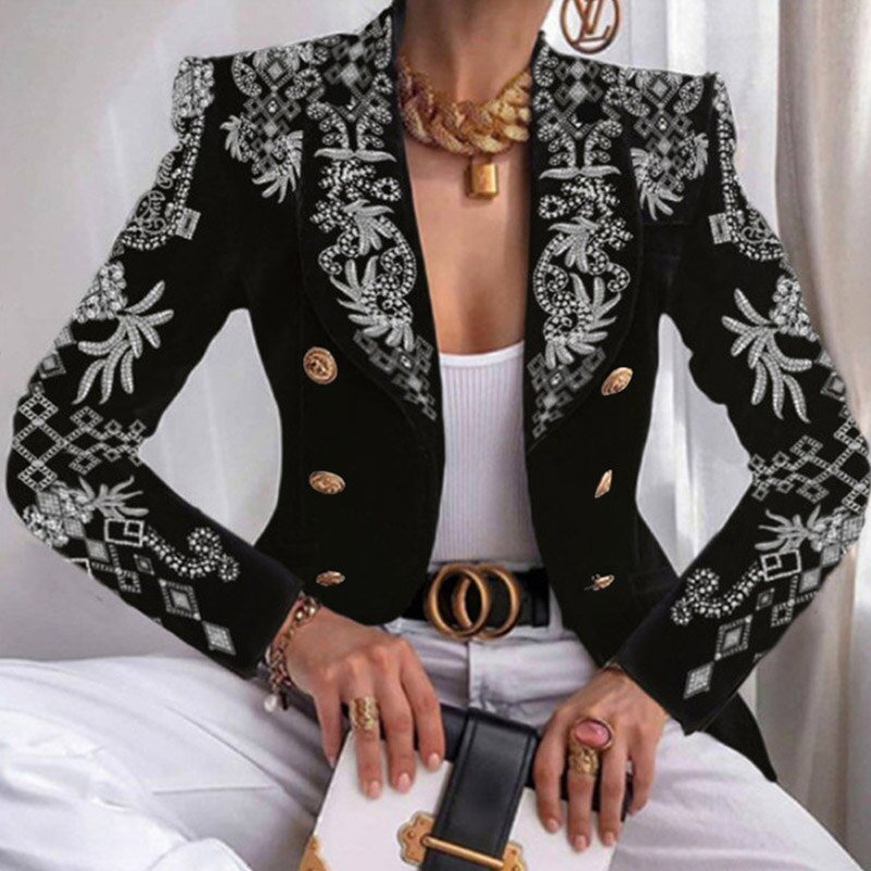 Damen Blazer schwarz mit Schmetterling-Druck, goldene Knöpfe, elegantes Design.