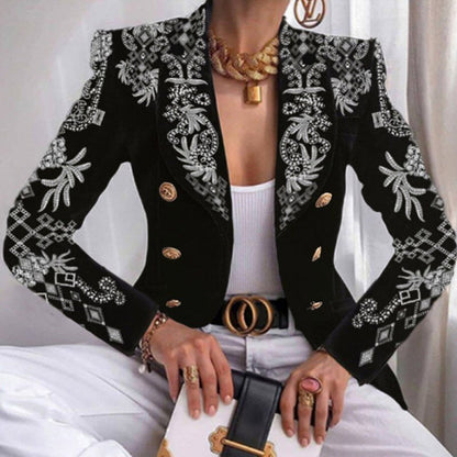 Damen Blazer schwarz mit Schmetterling-Druck, goldene Knöpfe, elegantes Design.