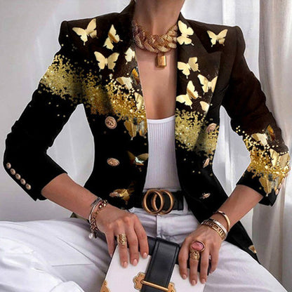 Damen Blazer mit Schmetterling-Druck, schwarz-gold, modisch, elegant, für besondere Anlässe.