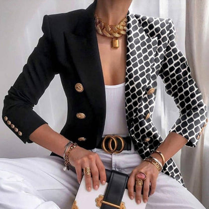 Damenblazer schwarz-weiß gemustert, goldene Knöpfe, elegantes Design, modisch, stilvoll.