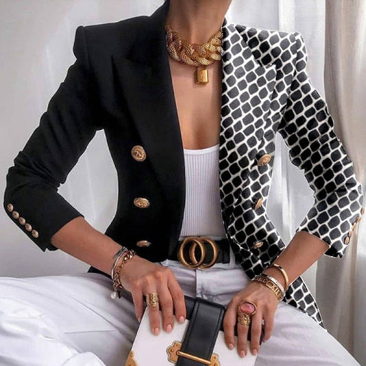 Damenblazer schwarz-weiß gemustert, goldene Knöpfe, elegantes Design, modisch, stilvoll.