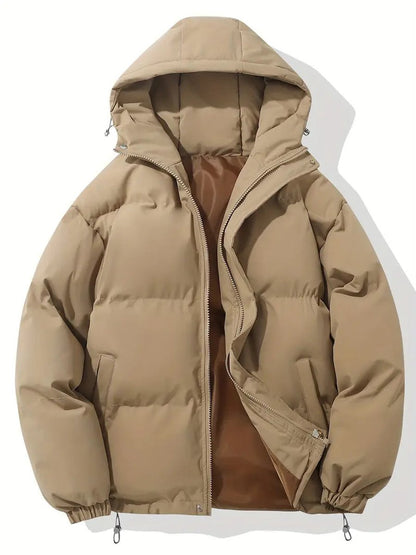 Beige vadderad jacka med huva, öppen dragkedja som visar brunt foder 7