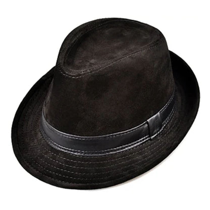 Schwarzer Fedora-Hut aus Wildleder mit Lederband, stilvoller Herrenmode-Accessoire.