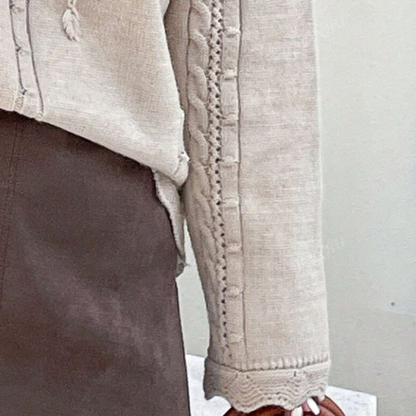 Beiger Strickpullover mit Zopfmuster, Damenmode, Herbstkleidung, Baumwolle, elegant, warm.