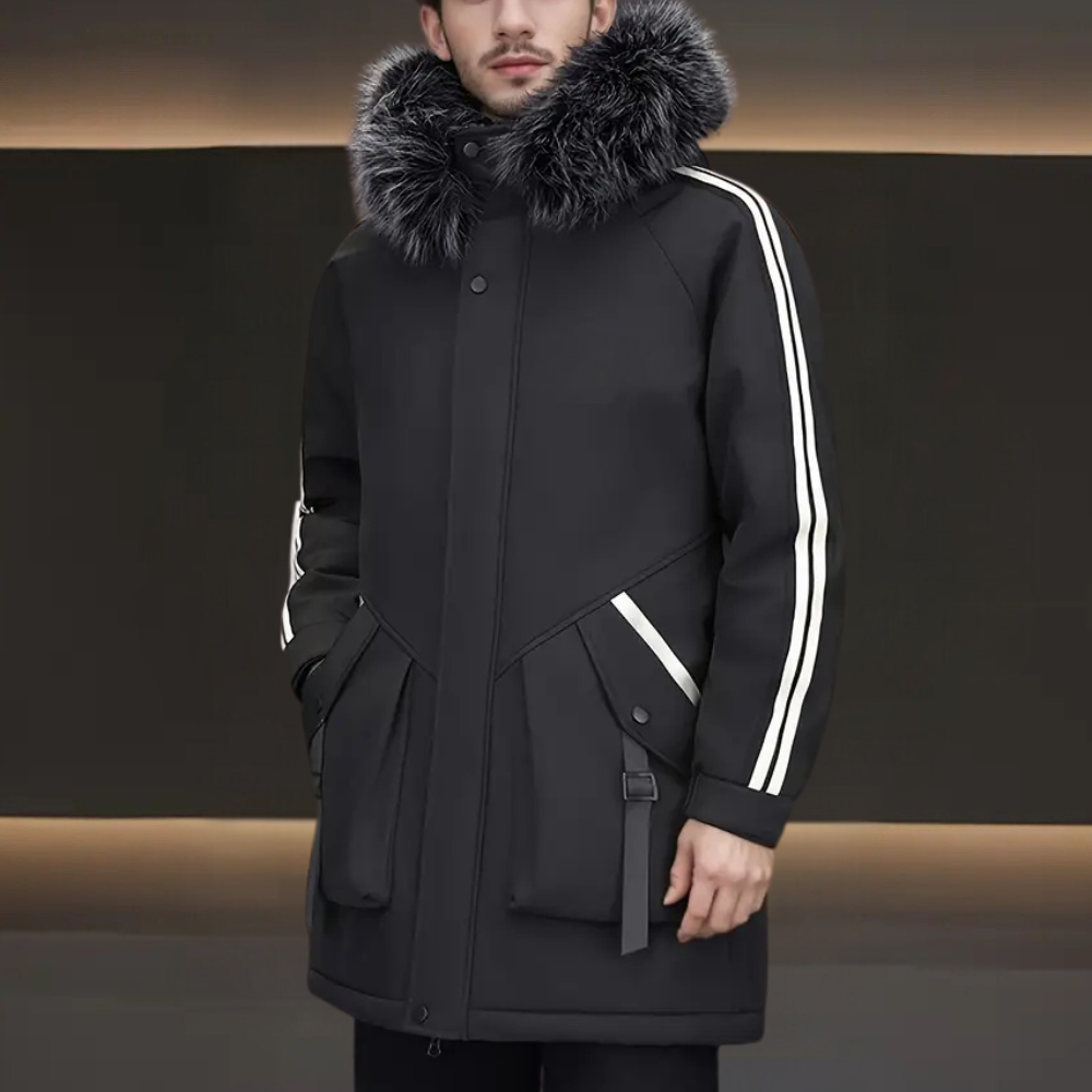 Schwarzer Herrenparka mit Kunstpelzkragen, reflektierenden Streifen, Winterjacke.