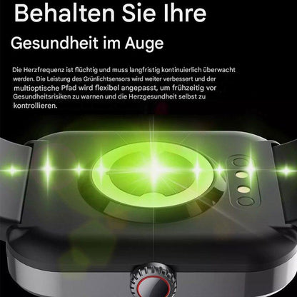 Schwarze Smartwatch mit grünem Herzfrequenzsensor, Gesundheitsüberwachung, Fitness-Tracker.