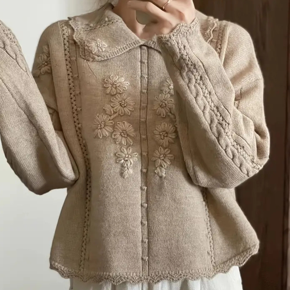 Beige Strickpullover mit Blumenstickerei, Damenmode, langärmlig, Vintage-Stil, Baumwolle.