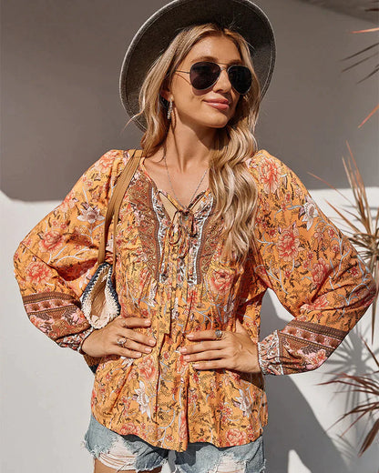 Vintage Boho sommarblus med blommönster och långa ärmar – Sana