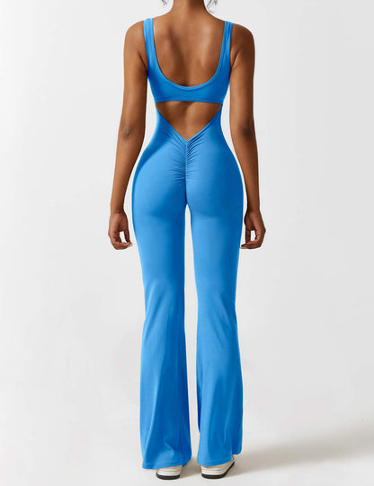 Rygglös jumpsuit med utsvängd byxa – Liv