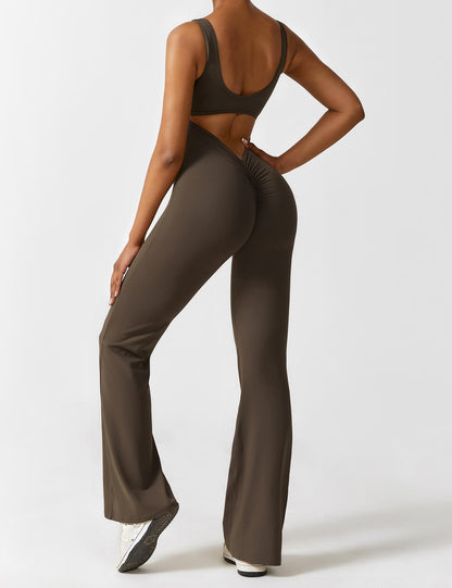 Rygglös jumpsuit med utsvängd byxa – Liv