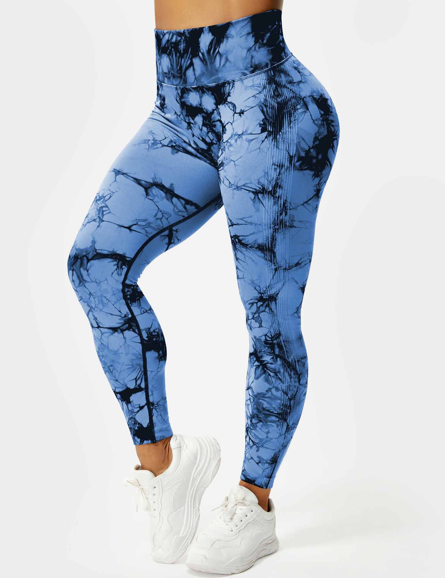 Damen Leggings Blau-Schwarz, Batikmuster, Hoher Bund, Sportbekleidung, Fitnessmode