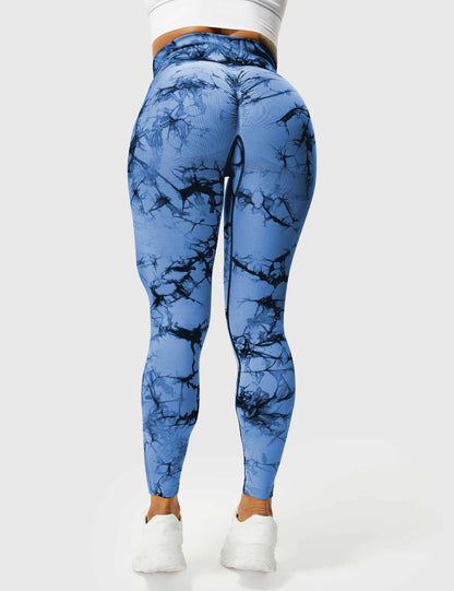 Damen Leggings blau-schwarz, Marmormuster, hohe Taille, Sportbekleidung, elastisch