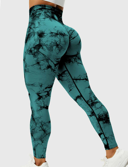 Damen Leggings blaugrün, hoher Bund, Marmor-Muster, Sportbekleidung, elastisch, bequem.