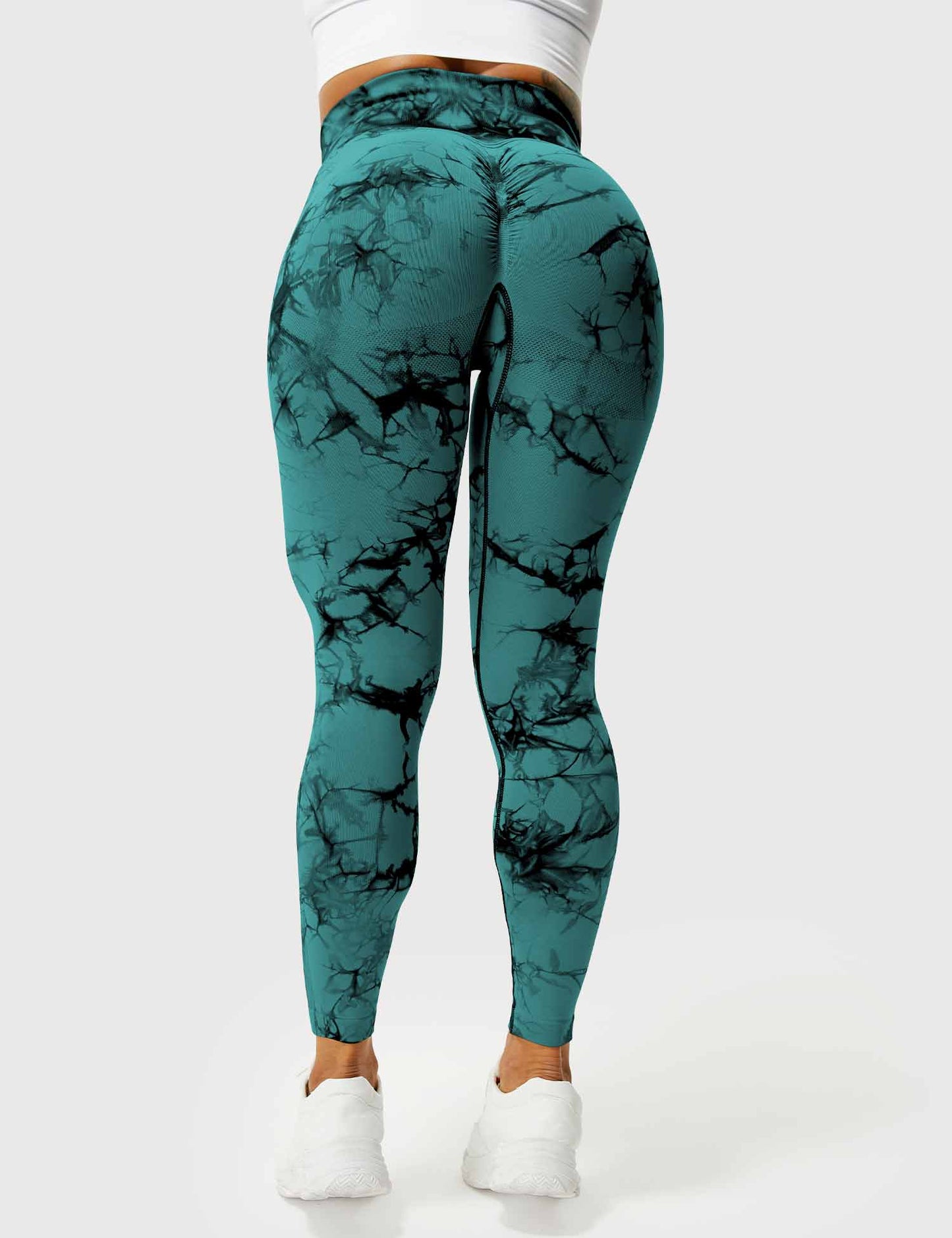 Damen Leggings blaugrün, marmoriertes Muster, hohe Taille, Sportbekleidung, elastisch.
