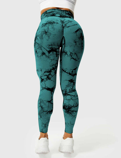 Damen Leggings blaugrün, marmoriertes Muster, hohe Taille, Sportbekleidung, elastisch.
