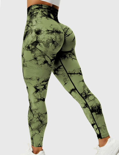 Grüne Damen-Leggings mit schwarzem Marmor-Muster, hoch tailliert, Sportbekleidung.